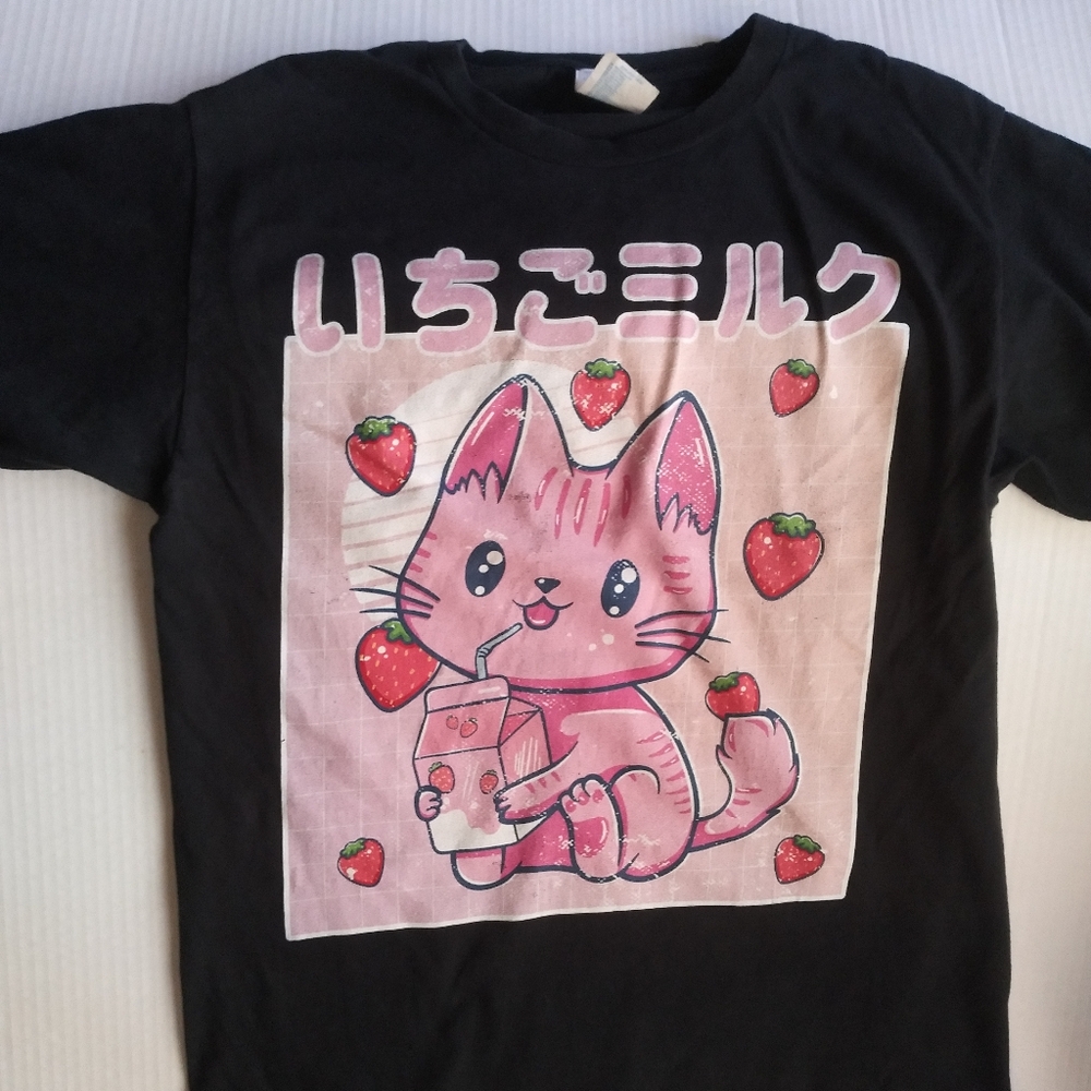 Strawberry Cat Kawaii Strawberry Milk T-Shirt size Small